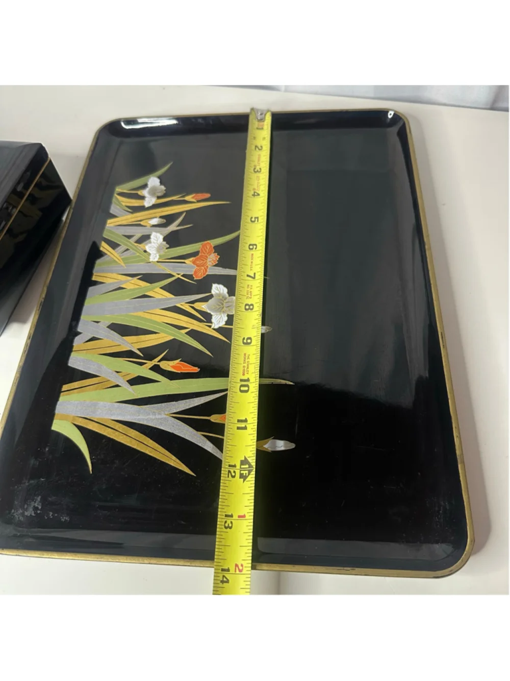Vintage Otagiri Japan Black Lacquerware Iris Floral Serving Tray & Jewelry Box